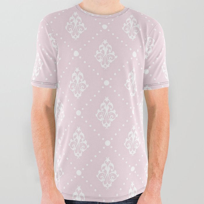 White Vintage Floral Pink Damask Collection All Over Graphic Tee