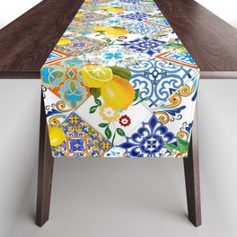 Tiles,mosaic,azulejo,quilt,Portuguese,majolica,lemons,citrus. Table Runner