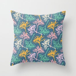 TOSSED TI Exotic Tropical Leafy Botanical Plants in Yellow Pink Green Cream on Blue - UnBlink Studio by Jackie Tahara Throw Pillow