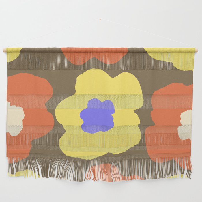 Large Pop-Art Retro Flowers in Yellow Very Peri Lavender Orange on Green Background  Wall Hanging