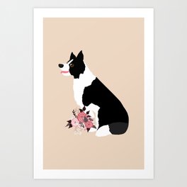 Border Collie and Flowers Dog Beige Art Print