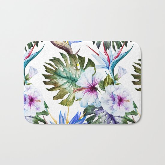 Watercolor Tropical Hibiscus Bath Mat