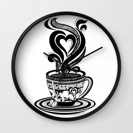 Coffee Love, Coffee Cup, Coffee Doodle Art, Coffee Illustration, Black and White Coffee Design Wall Clock