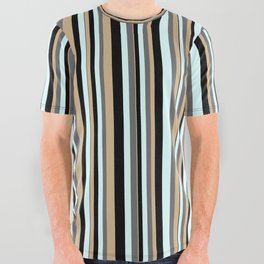 [ Thumbnail: Tan, Dim Grey, Light Cyan & Black Colored Lines Pattern All Over Graphic Tee ]