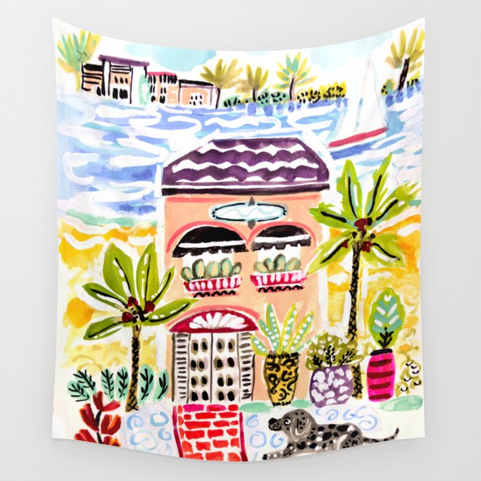 Pink Cottage on the Beach Wall Tapestry