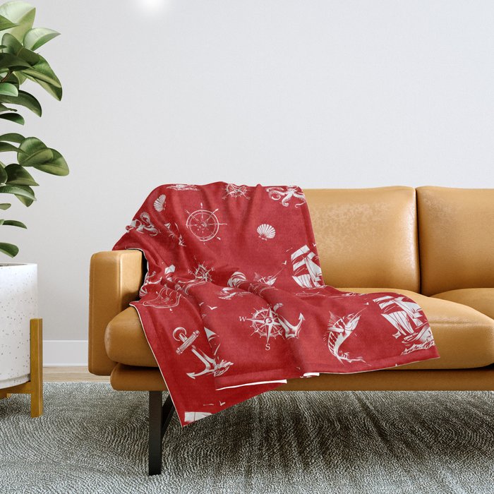 Red And White Silhouettes Of Vintage Nautical Pattern Throw Blanket