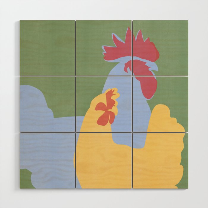 Rooster and hen Wood Wall Art