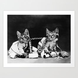 Mischief Makers - Cute Kittens - Harry Whittier Frees Art Print | Cat, Humanmimicry, Cats, Funnyanimals, Swinging, Mischief, Kittens, Sewing, Pets, Animal 