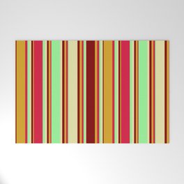 [ Thumbnail: Colorful Goldenrod, Maroon, Pale Goldenrod, Green, and Crimson Colored Lined Pattern Welcome Mat ]