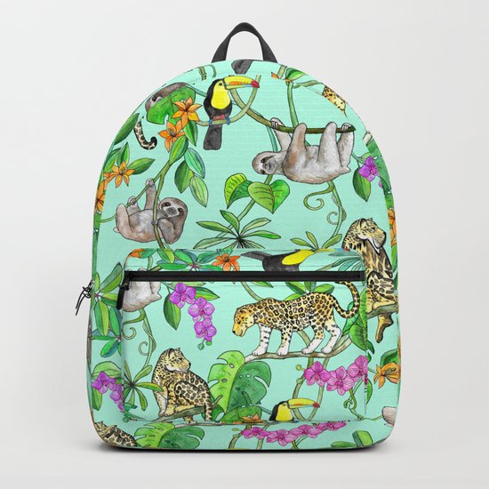 Rainforest Friends - watercolor animals on mint green Backpack