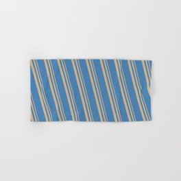 [ Thumbnail: Tan & Blue Colored Lines/Stripes Pattern Hand & Bath Towel ]