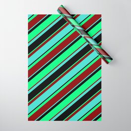 [ Thumbnail: Turquoise, Black, Green, and Dark Red Colored Lined Pattern Wrapping Paper ]
