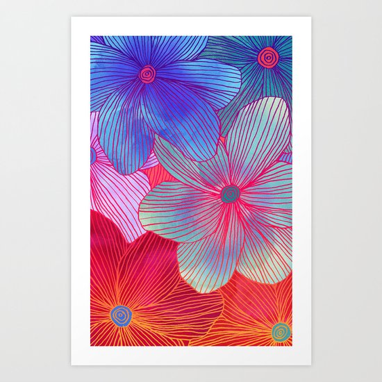 Between the Lines 2 - tropical flowers in purple, pink, blue & orange Art Print