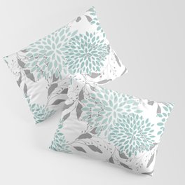 Festive, Floral Blooms and Leaves, Teal and Gray Pillow Sham
