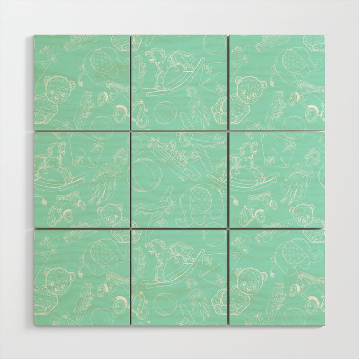 Mint Blue and White Toys Outline Pattern Wood Wall Art