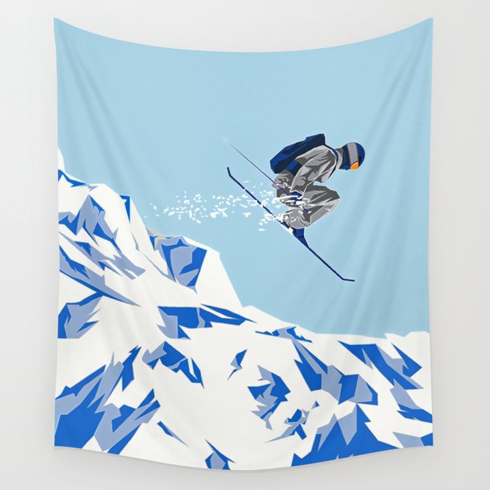 Airborn Skier Flying Down the Ski Slopes Wall Tapestry
