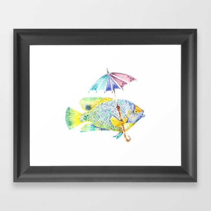 Fishy Fish - Original Watercolor of Yellow Mask Angel Fish with Umbrella Framed Art Print