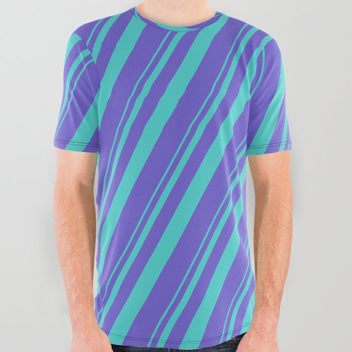 Turquoise & Slate Blue Colored Stripes/Lines Pattern All Over Graphic Tee