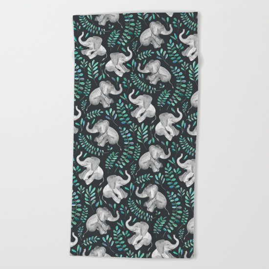 Laughing Baby Elephants – emerald and turquoise Beach Towel