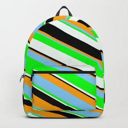[ Thumbnail: Orange, Light Sky Blue, Lime, Mint Cream & Black Colored Pattern of Stripes Backpack ]