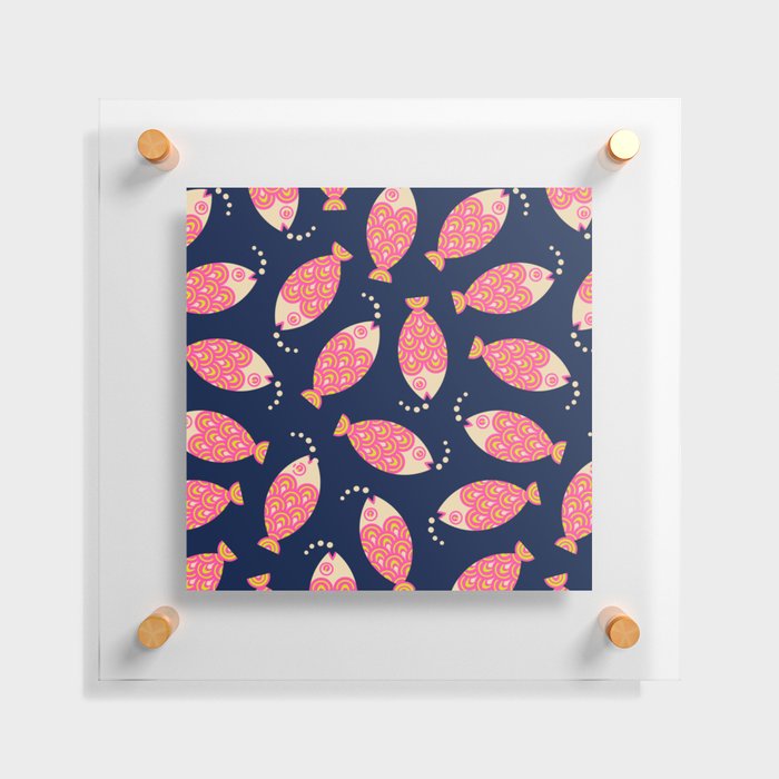 TOSSED SWIMMING FISH in PINK AND SAND ON DARK BLUE Floating Acrylic Print
