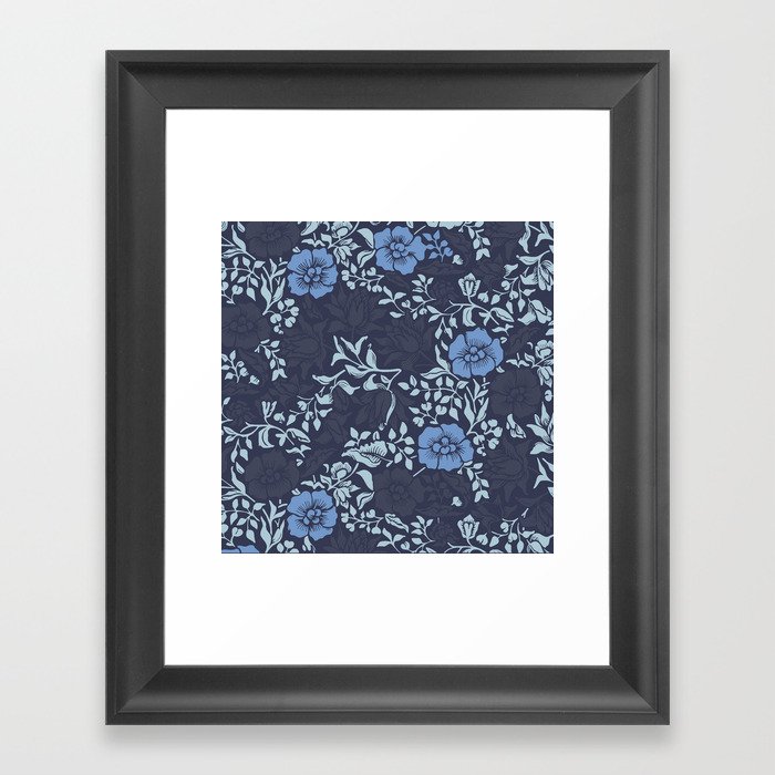 Arts and Crafts Inspired Floral Pattern Blue Framed Art Print