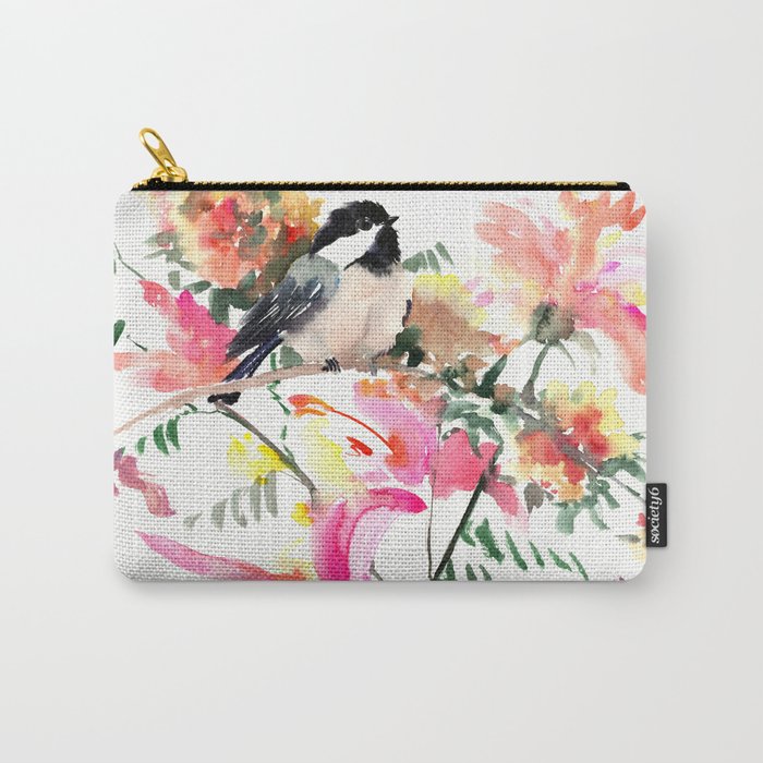 Chickadee bird art design, Birds and Flowers Carry-All Pouch