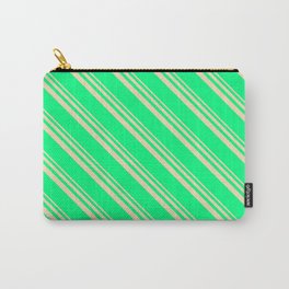 [ Thumbnail: Tan & Green Colored Striped Pattern Carry-All Pouch ]