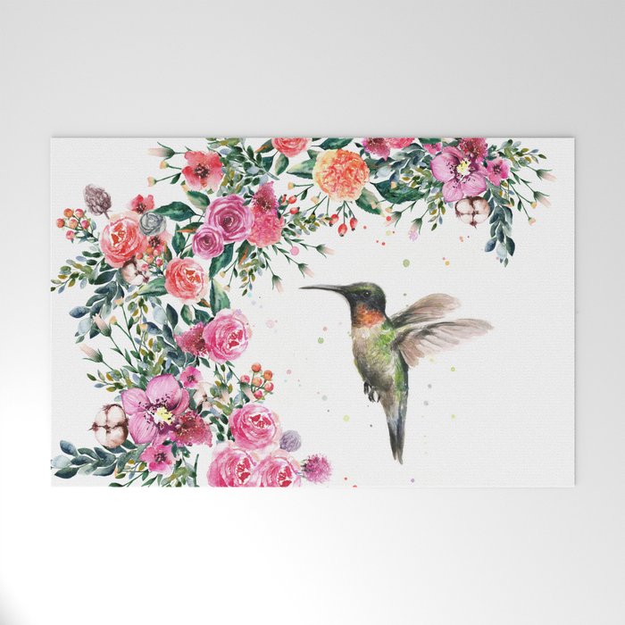 Hummingbird and Flowers Watercolor Animals Welcome Mat