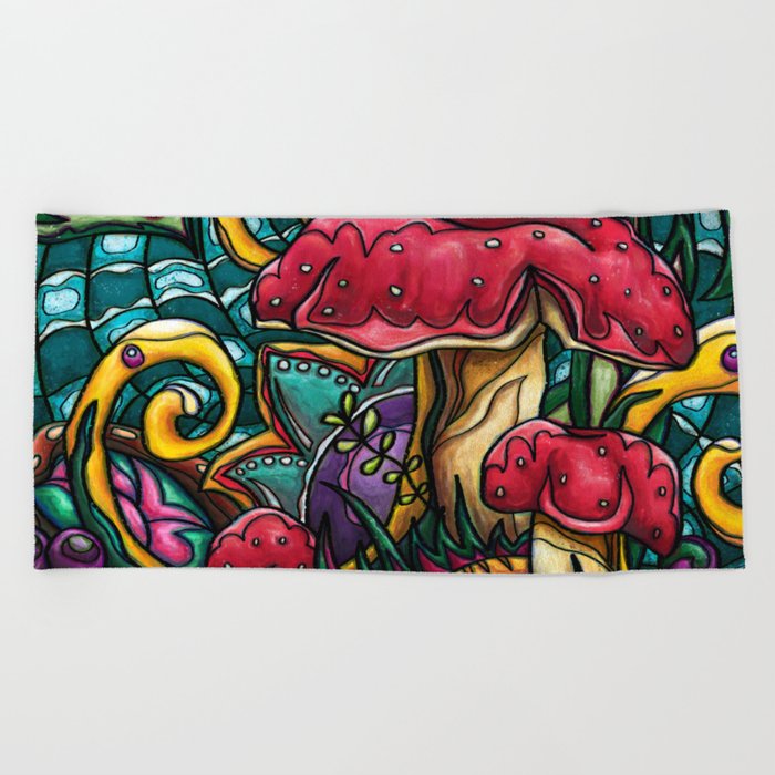 Bright abstract Amanita painting, psychedelic mushroom Beach Towel