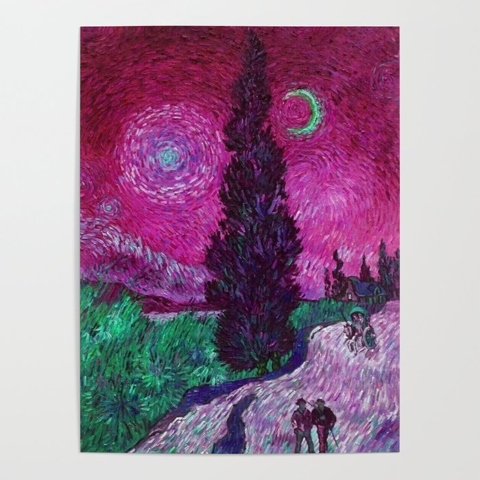 Road with Cypress and Star; Country Road in Provence by Night, oil-on-canvas post-impressionist landscape painting by Vincent van Gogh in alternate pink twilight sky Poster