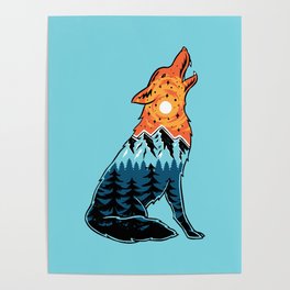 Vector Illustration Howling Wolf Mountain Landscape Poster