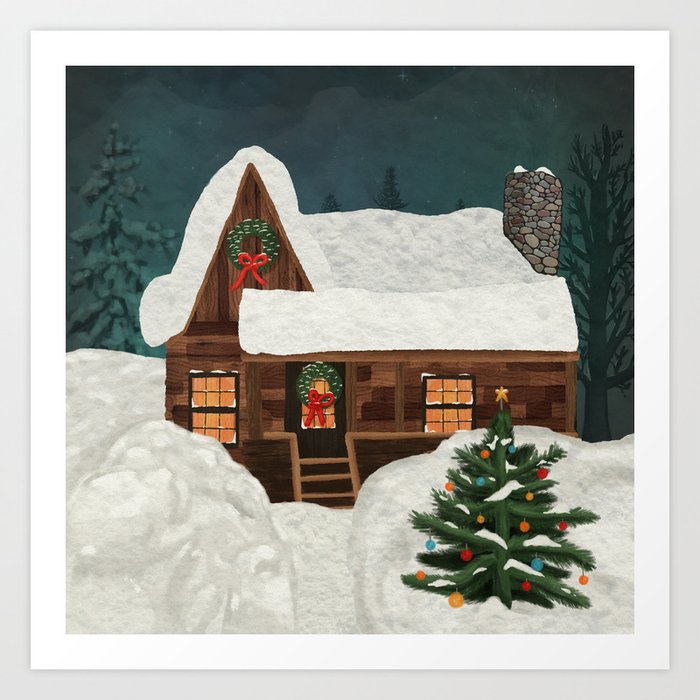 Cozy Christmas Winter Log Cabin in the Snow at Night  Art Print