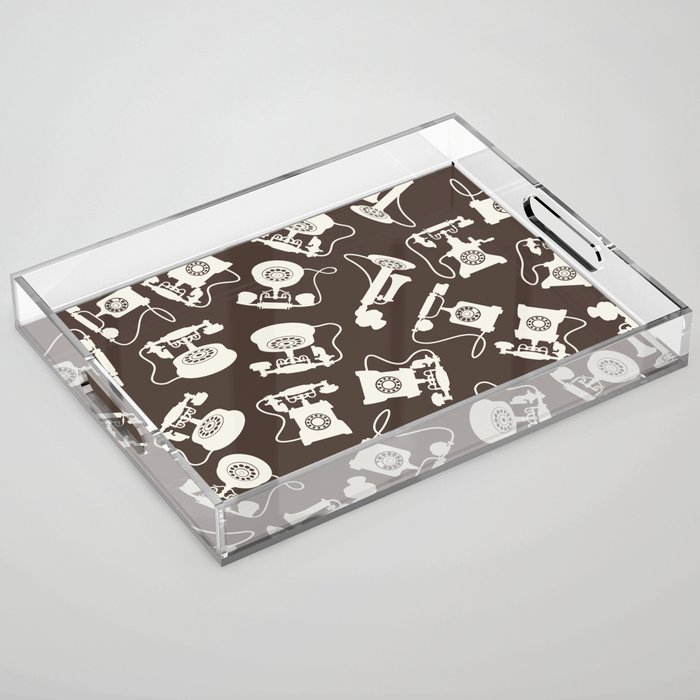 Vintage Rotary Dial Telephone Pattern on Dark Brown Acrylic Tray