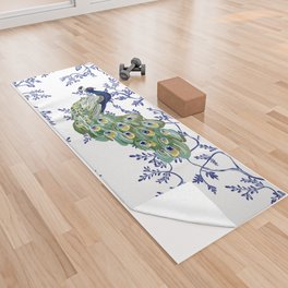 Chinoiserie Peacock Blue & White Floral Yoga Towel