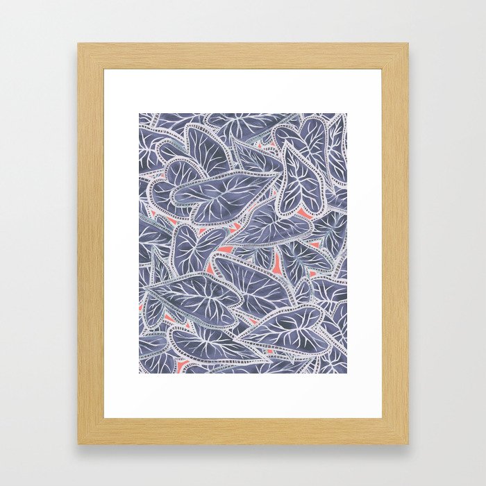 Tropical Caladium Leaves Pattern - Purple Gray Coral Framed Art Print