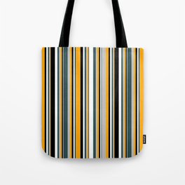 [ Thumbnail: Eyecatching Orange, Grey, Dark Slate Gray, White, and Black Colored Lined Pattern Tote Bag ]