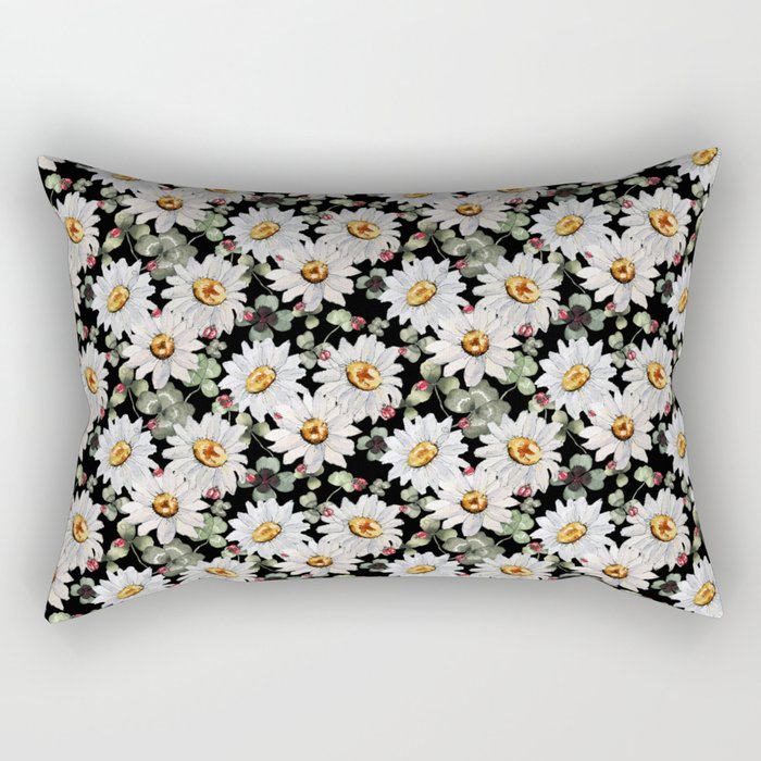 Nature pattern with Daisies, clovers and ladybugs on a black background Rectangular Pillow