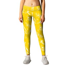 Yellow and White Christmas Snowman Doodle Pattern Leggings