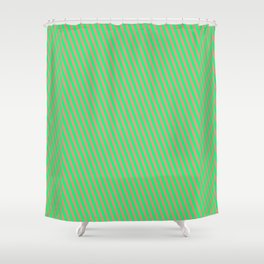 [ Thumbnail: Dark Salmon and Green Colored Stripes/Lines Pattern Shower Curtain ]