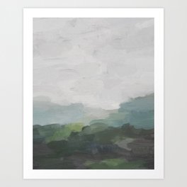 Temple of Flora - Dark Green Seafoam Teal Valley Horizon Gray Cloudy Skies Abstract Nature Painting Art Print