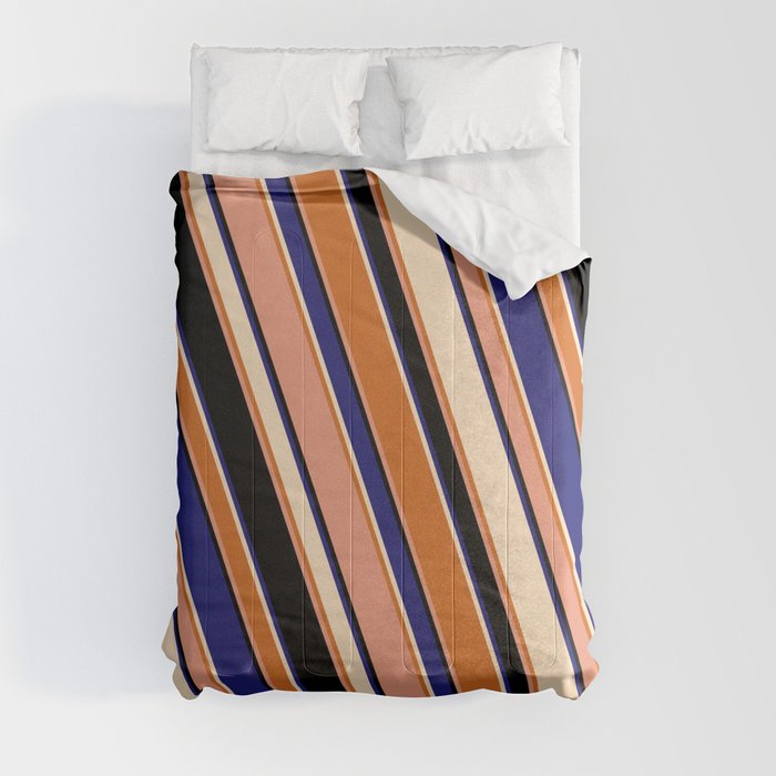 Eyecatching Bisque, Chocolate, Dark Salmon, Black & Midnight Blue Colored Stripes/Lines Pattern Comforter