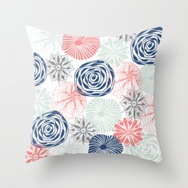 Floral Pattern in Coral Red, Navy Blue and Aqua Throw Pillow