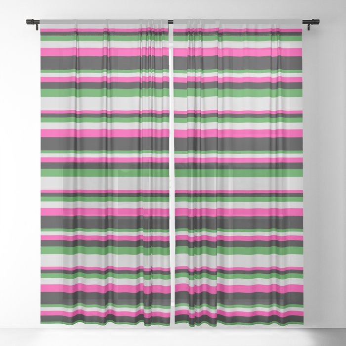 Forest Green, Light Gray, Deep Pink, and Black Colored Stripes Pattern Sheer Curtain