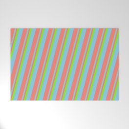 [ Thumbnail: Green, Sky Blue & Salmon Colored Pattern of Stripes Welcome Mat ]