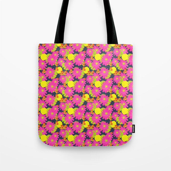 Retro Tropical Hot Pink Garden Flowers Navy Blue Tote Bag