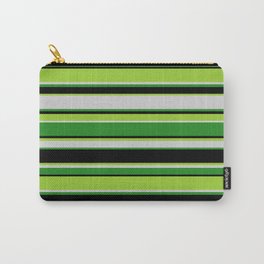 [ Thumbnail: Green, Light Gray, Forest Green, and Black Colored Stripes Pattern Carry-All Pouch ]