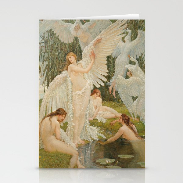 White Swans and the Maidens angelic garden landscape painting by Walter Crane  Stationery Cards