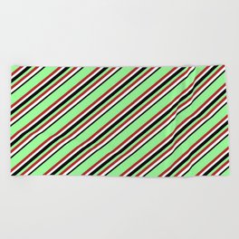 [ Thumbnail: Green, Red, White & Black Colored Lines/Stripes Pattern Beach Towel ]