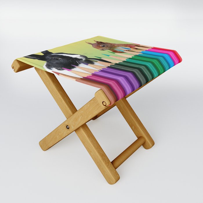 Colored Pencils - Squirrel & black and white Bunny - Rabbit Folding Stool